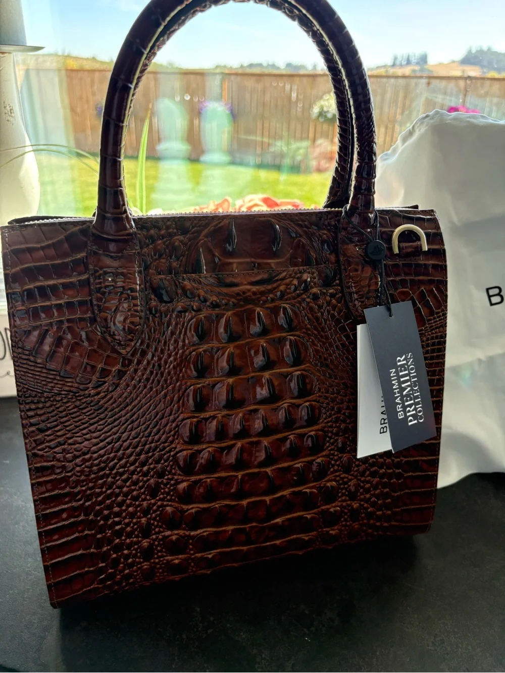 Brahmin Taupe Satchel with Brown Croc Trim and Green & Pink Embroidery